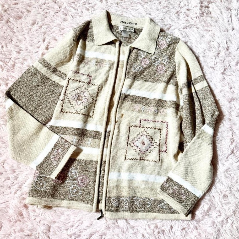 Cottage Core Heritage Grandma Core Embroidered Zip Up Cardigan Womens M Coquette